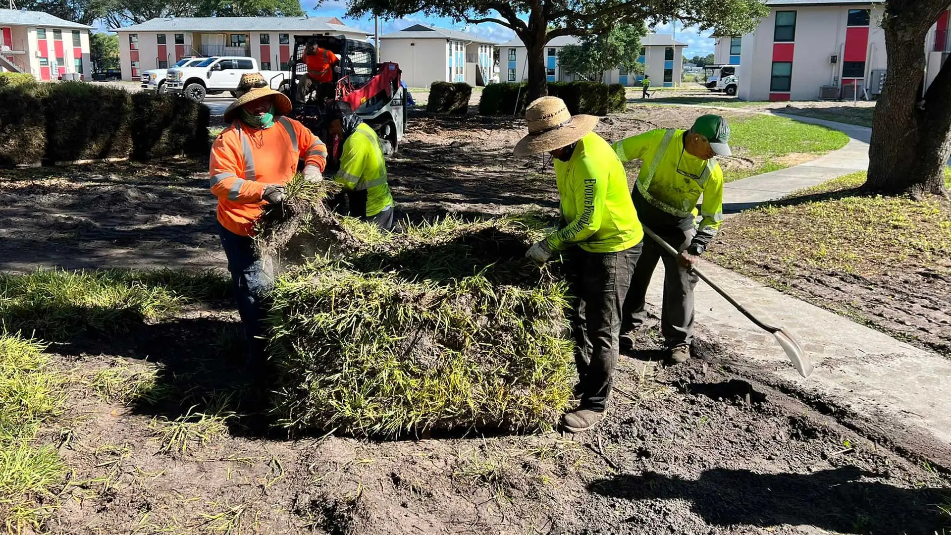Our team laying several pallets of sod at an apartment complex in Lakeland, FL.