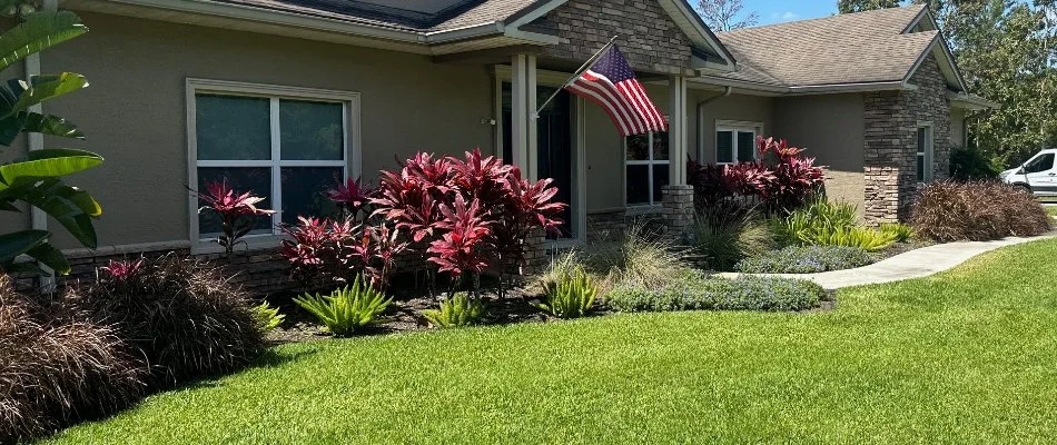 Landscape beds in front of a home in Bartow, FL, filled with various plants.